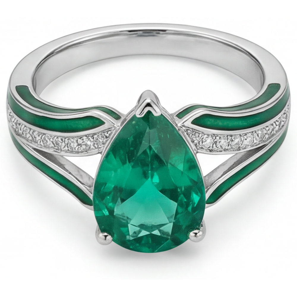Anello con Gemma Oro Bianco 14K con Smeraldo Fine – vista laterale