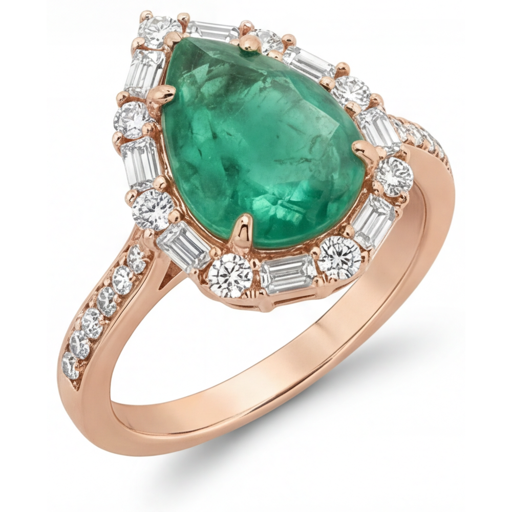 Smeraldo Fine Goccia Anello con Pavé Halo in Oro 14 Carati Rosa – vista angolare