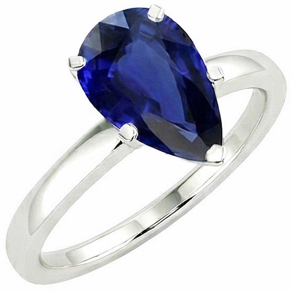 solitario con zaffiro blu profondo 3 carati taglio a pera in oro bianco 14K