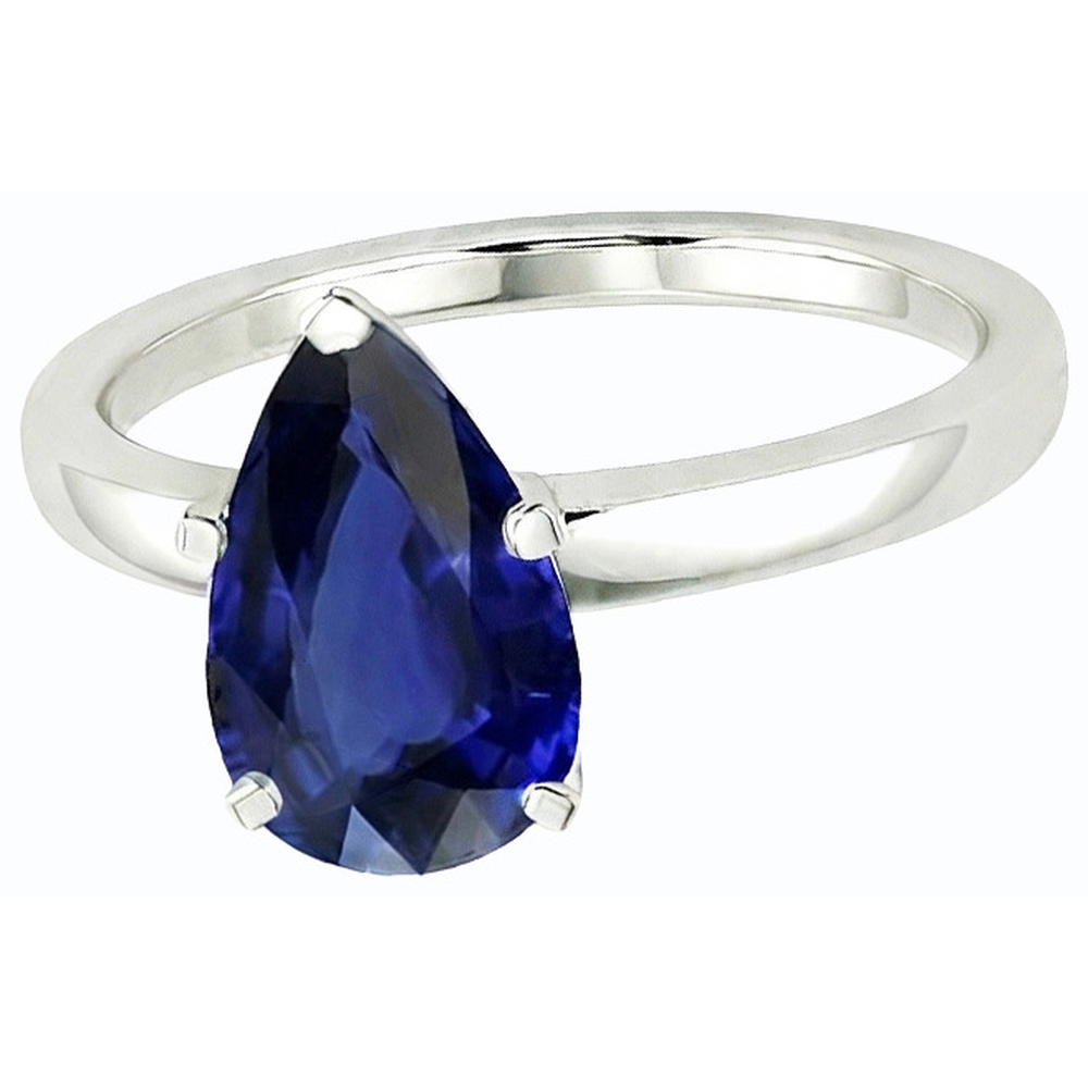 solitario con zaffiro blu profondo 3 carati taglio a pera in oro bianco 14K