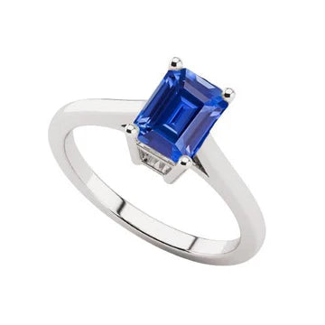 solitario con zaffiro blu taglio smeraldo 2 carati in oro bianco 14K