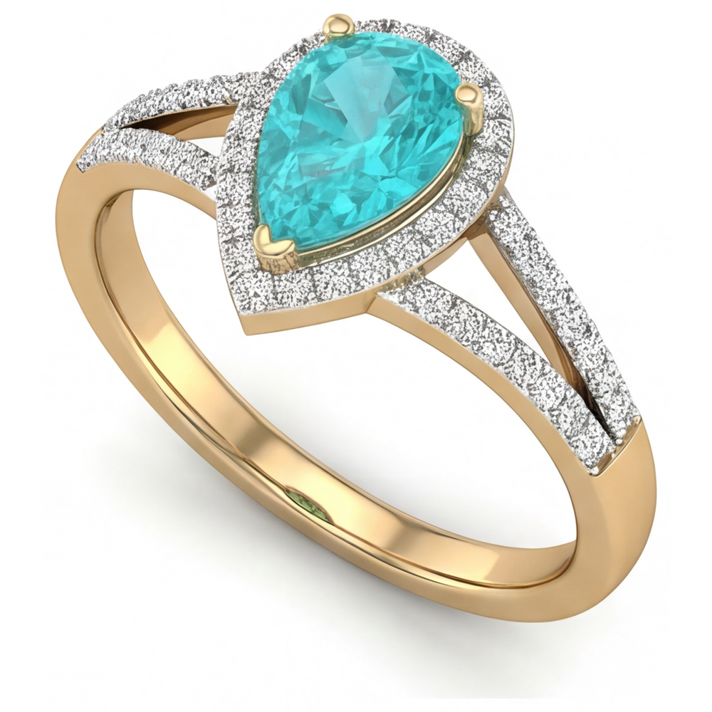 Tormalina Paraiba Taglio a Pera Anello con Pavé Halo in Oro Due Toni 14K – vista angolare