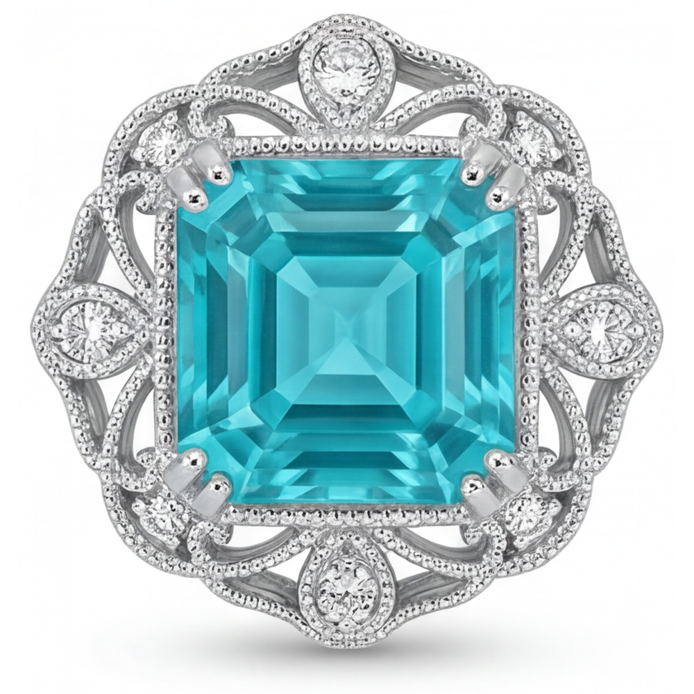Asscher Tormalina Paraiba anello in Oro Bianco 14K – vista principale