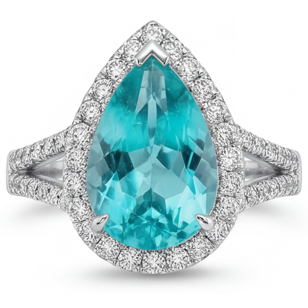 Tormalina Paraiba Goccia Anello con Pavé Halo in Oro 14 Carati Bianco – vista frontale