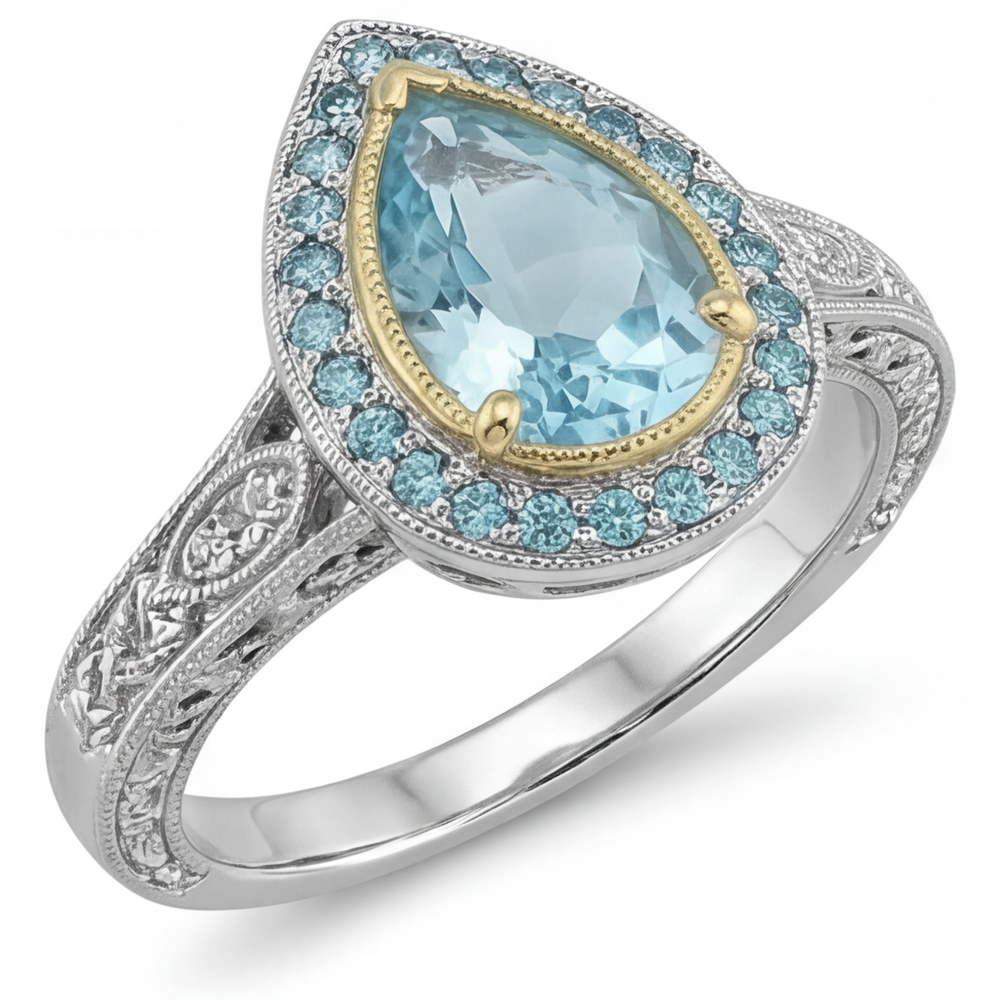 Tormalina Paraiba Goccia Anello di Fidanzamento Halo in Oro Due Toni 14K – vista laterale