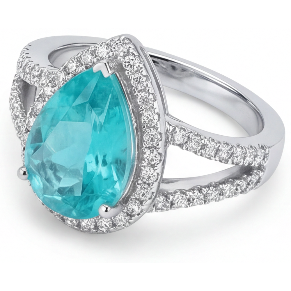 Tormalina Paraiba Taglio a Pera Anello di Fidanzamento Halo in Oro Bianco 14K – vista profilo