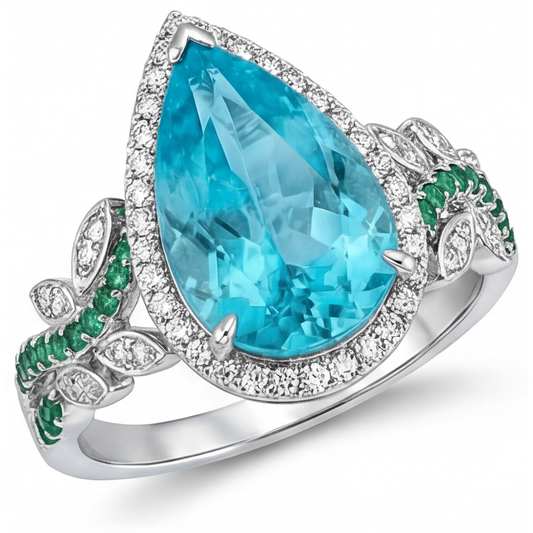 Taglio a Pera Tormalina Paraiba anello in Oro Bianco 14K – vista frontale