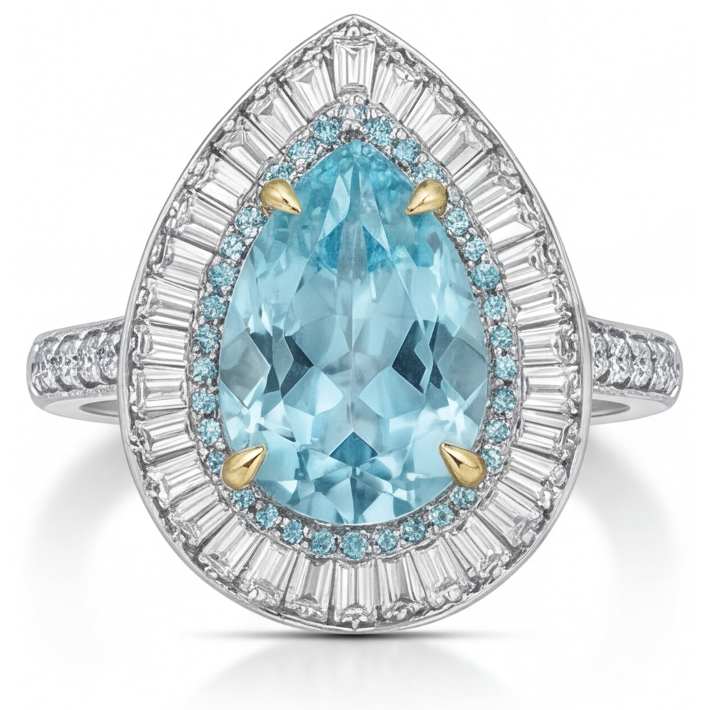 Tormalina Paraiba Taglio a Pera Anello Halo in Oro Bicolore 14K – vista principale