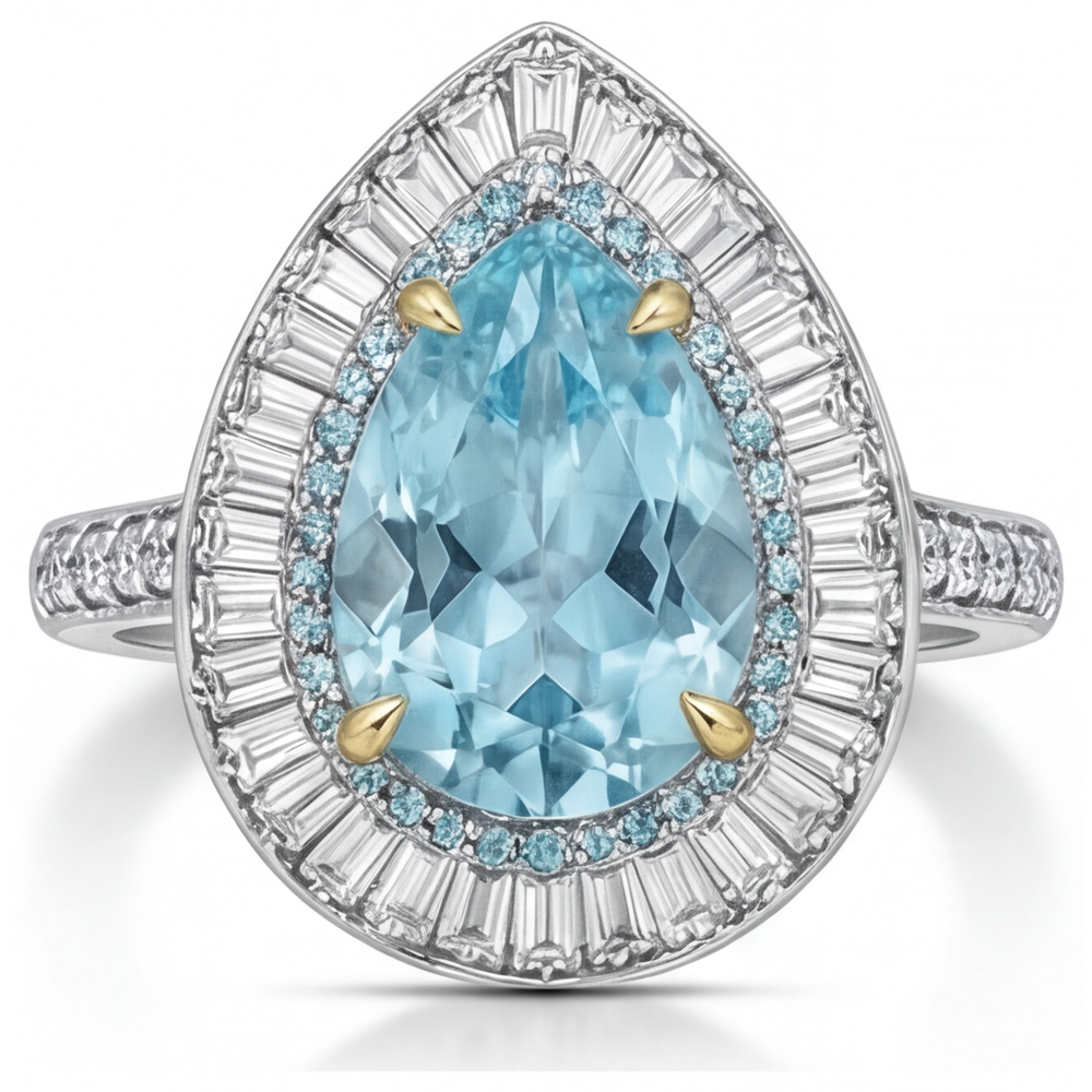 Tormalina Paraiba Taglio a Pera Anello Halo in Oro Bicolore 14K – vista frontale