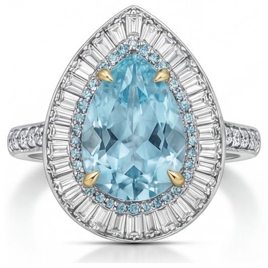 Tormalina Paraiba Taglio a Pera Anello Halo in Oro Bicolore 14K – vista frontale