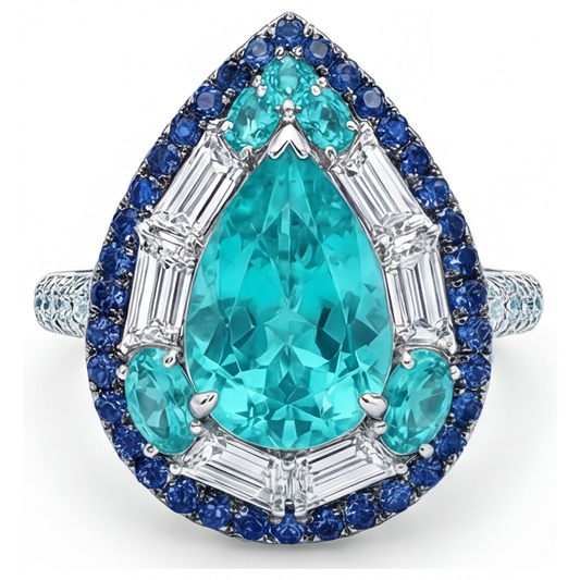 Anello Pietra Colorata Oro Bianco 14K con Tormalina Paraiba – vista frontale