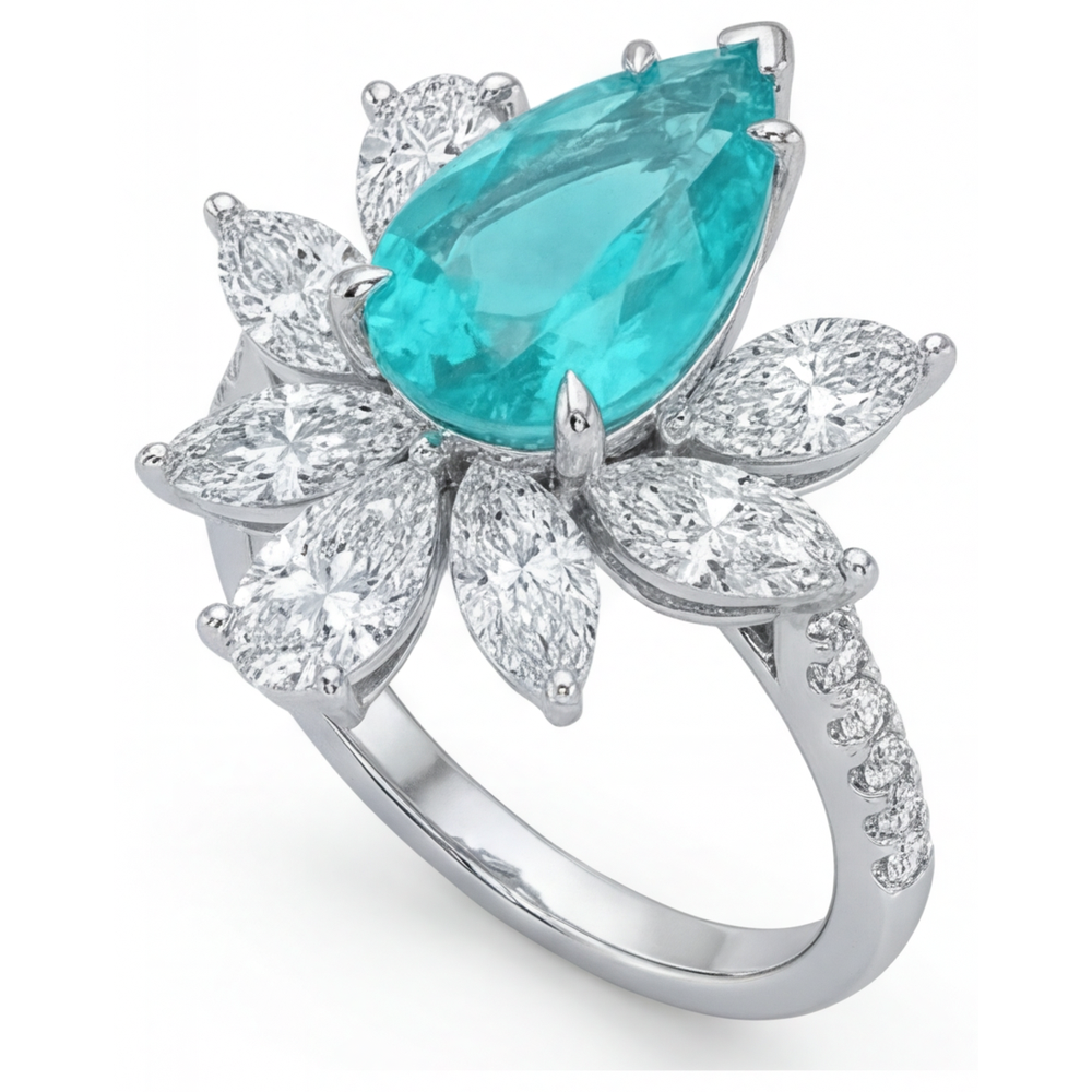 Taglio a Pera Tormalina Paraiba anello in Oro 14 Carati Bianco – vista laterale