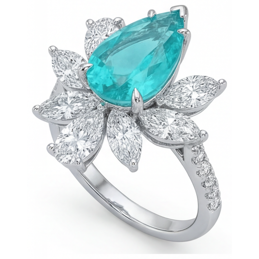 Taglio a Pera Tormalina Paraiba anello in Oro 14 Carati Bianco – vista laterale