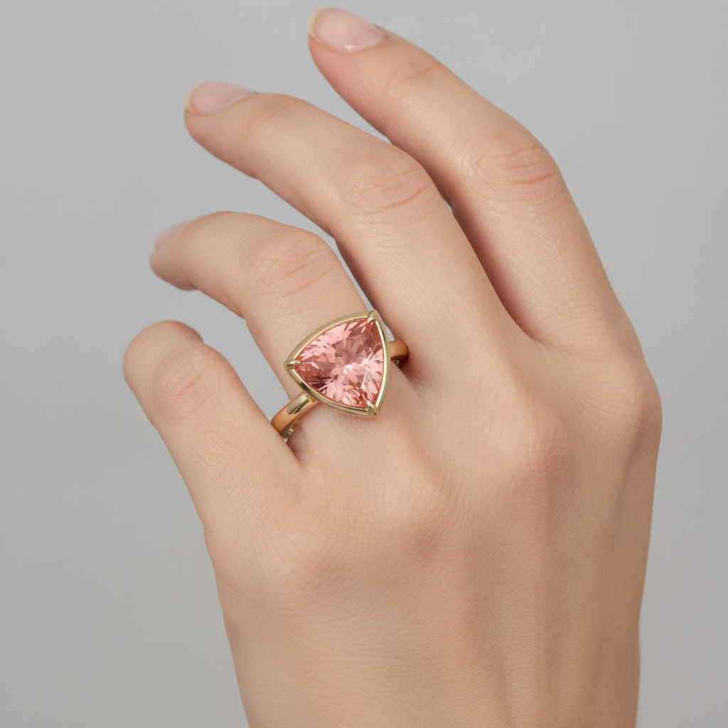 Anello Solitario con Zaffiro Padparadscha Naturale da 2,5 Carati Taglio Trillion in Oro Giallo 14K