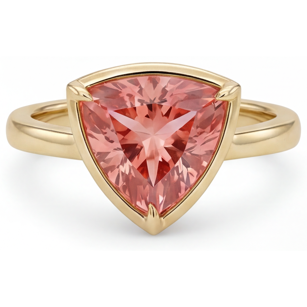 Anello Solitario con Zaffiro Padparadscha Naturale da 2,5 Carati Taglio Trillion in Oro Giallo 14K