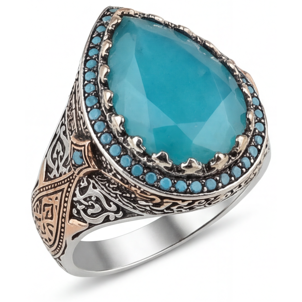 Artigianale Turquoise Anello con Pavé Halo 8,5 carati – vista principale