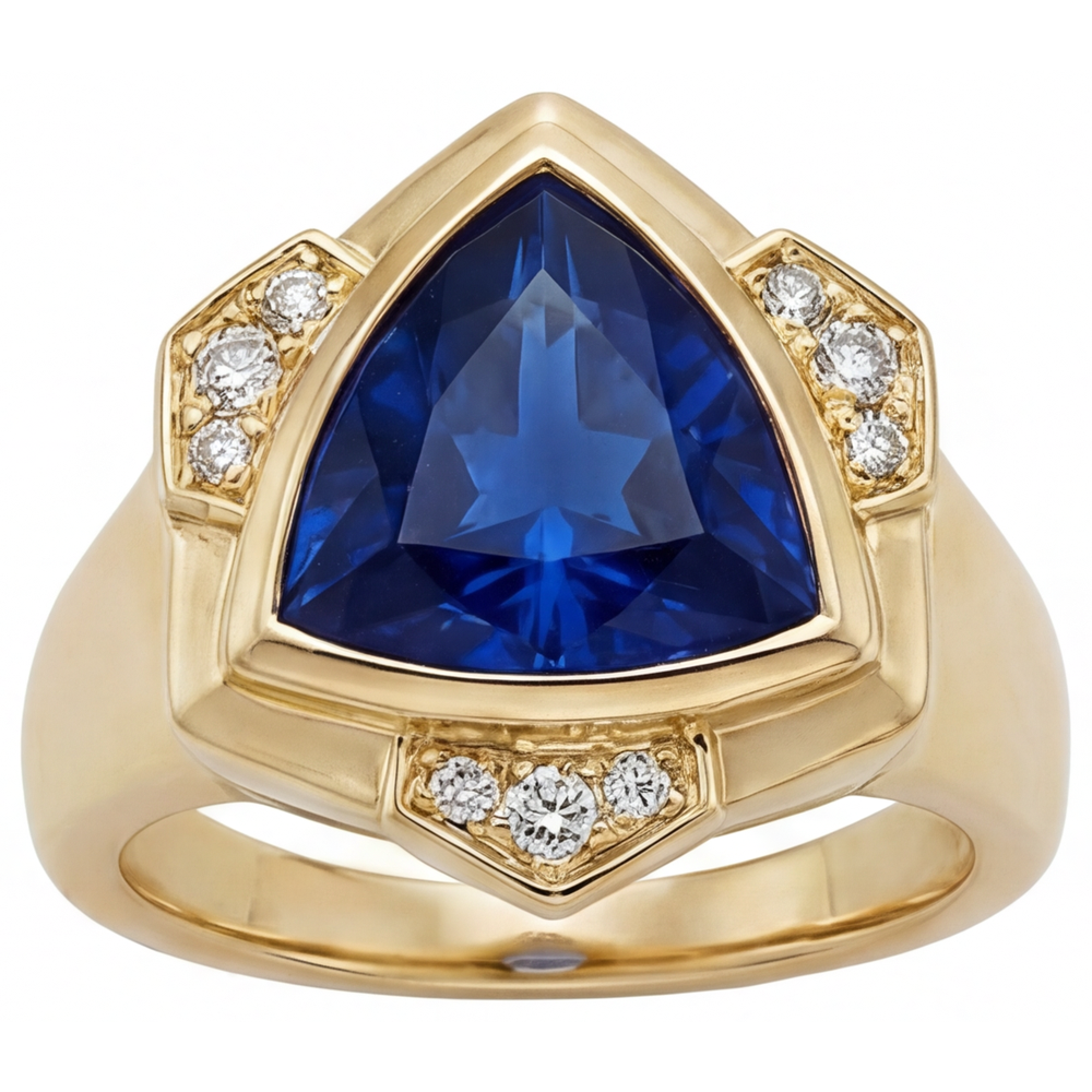 Triangolare Zaffiro Blu anello in Oro 14 Carati Giallo – vista frontale