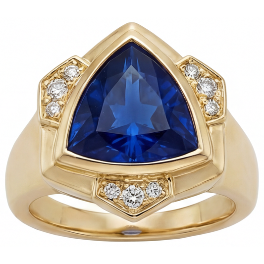 Triangolare Zaffiro Blu anello in Oro 14 Carati Giallo – vista frontale