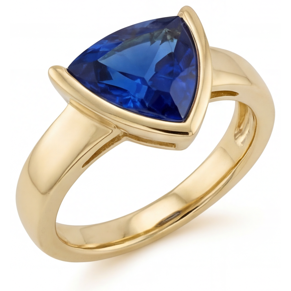 Zaffiro Blu Taglio Trillion Anello con Gemma in Oro 14 Carati Giallo – vista frontale