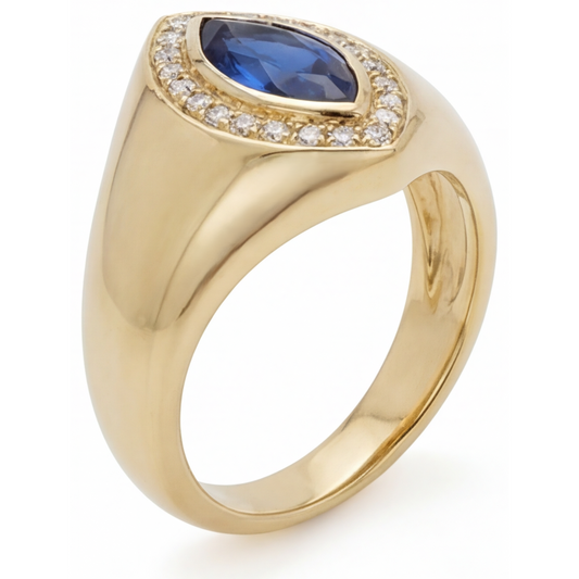 Zaffiro Blu Taglio Marquise Anello con Pietra Preziosa in Oro 14 Carati Giallo – vista frontale