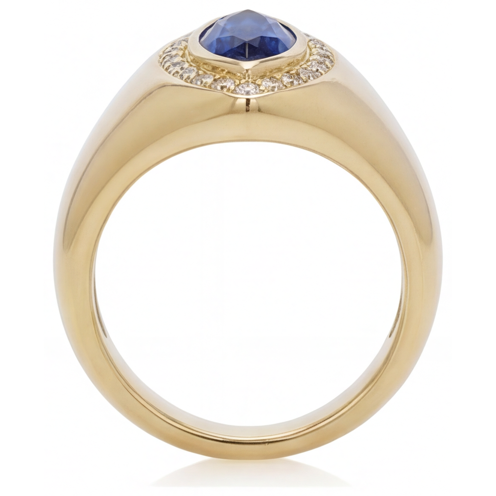 Zaffiro Blu Taglio Marquise Anello con Pietra Preziosa in Oro 14 Carati Giallo – vista profilo