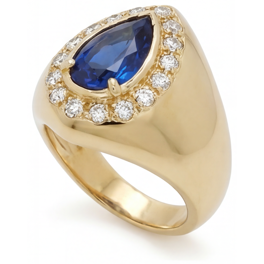 Zaffiro Blu Taglio a Pera Anello con Pietra Preziosa in Oro 14 Carati Giallo – vista laterale