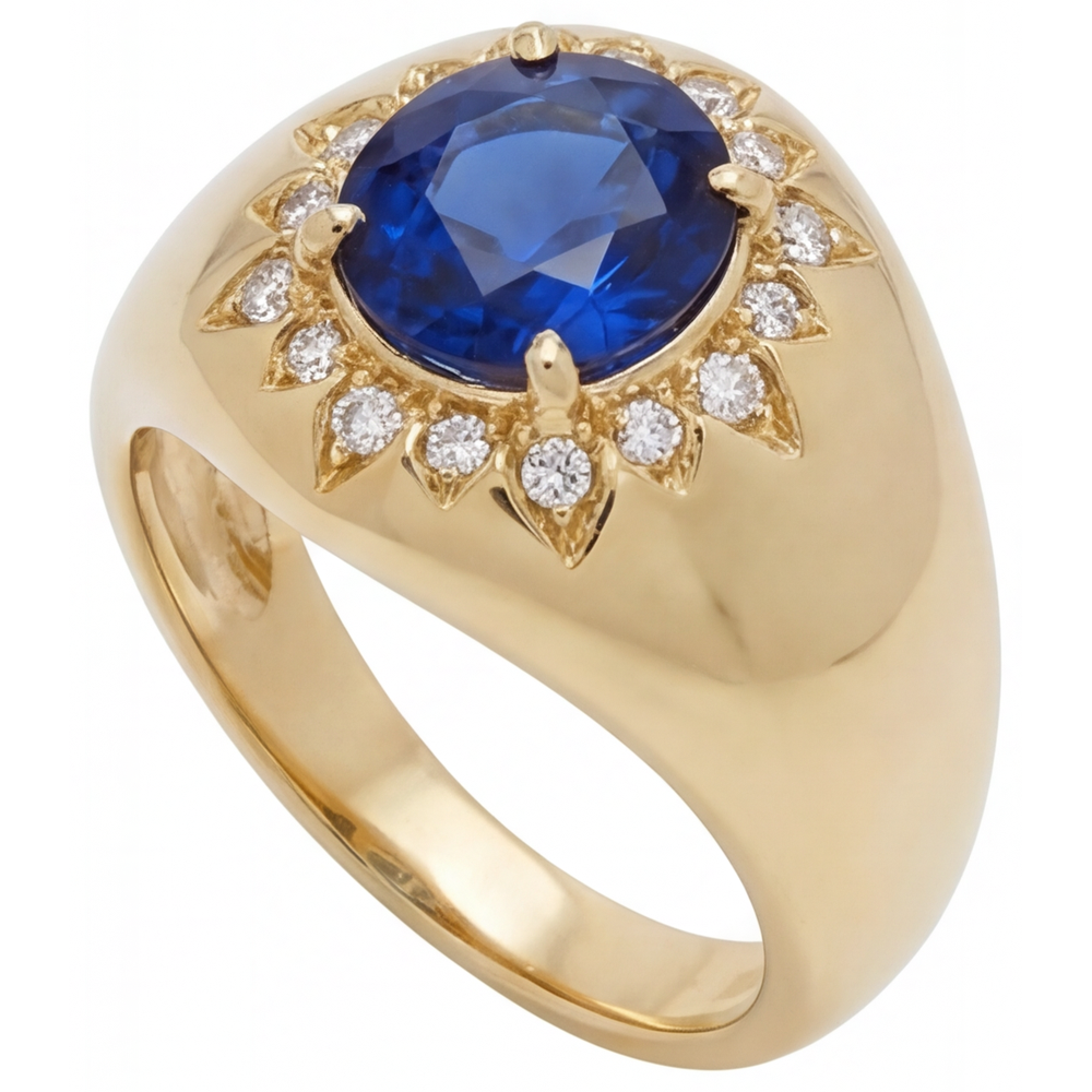 Zaffiro Blu Taglio Rotondo Anello Pietra Colorata in Oro 14 Carati Giallo – vista laterale