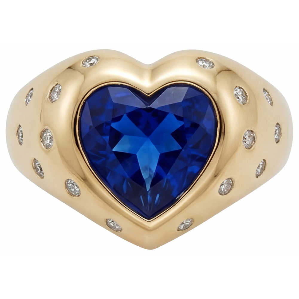 Forma Cuore Zaffiro Blu anello in Oro Giallo 14K – vista frontale