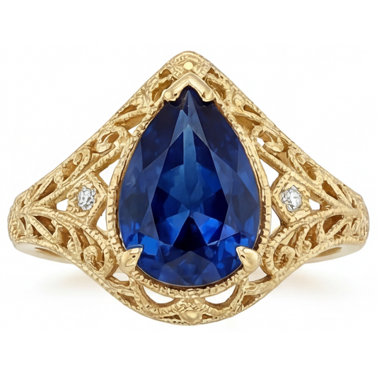 Zaffiro Blu Fiordaliso Taglio a Pera Anello con Pietra Preziosa in Oro Giallo 14K – vista principale