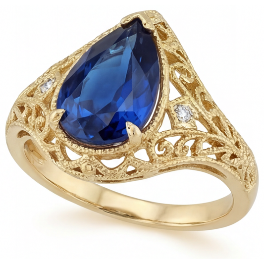 Zaffiro Blu Fiordaliso Taglio a Pera Anello con Pietra Preziosa in Oro Giallo 14K – vista frontale