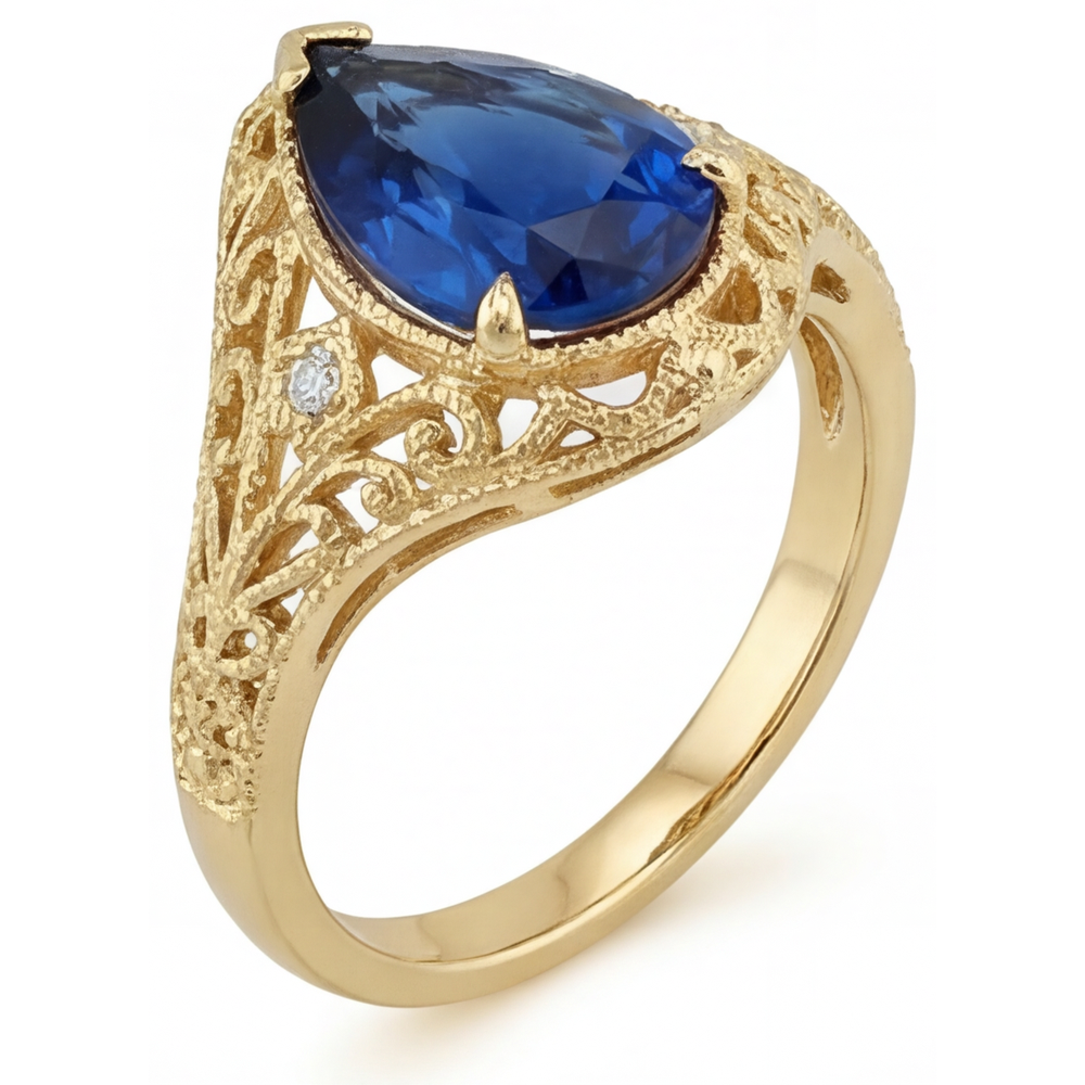 Taglio a Pera Zaffiro Blu Fiordaliso anello in Oro Giallo 14K – vista laterale