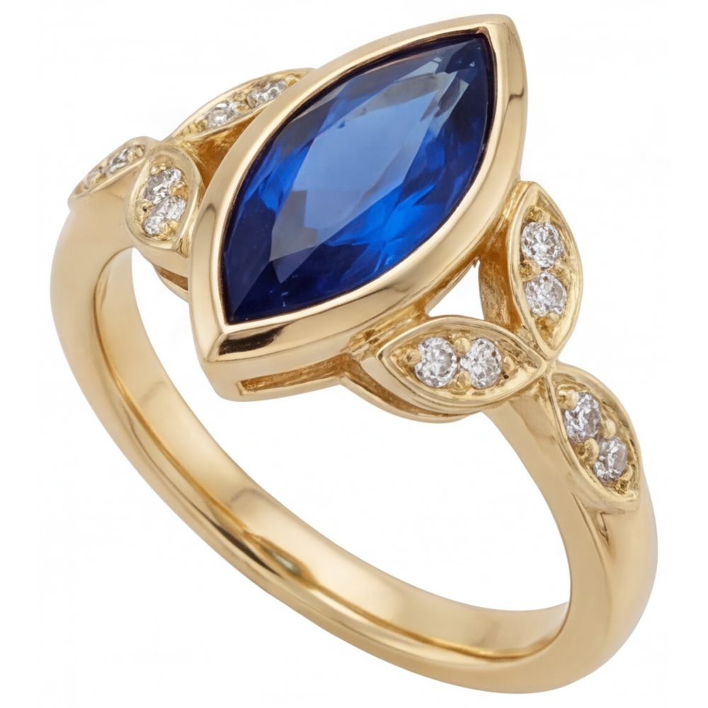 Zaffiro Blu Fiordaliso Taglio Marquise Anello Pietra Colorata in Oro Giallo 14K – vista laterale