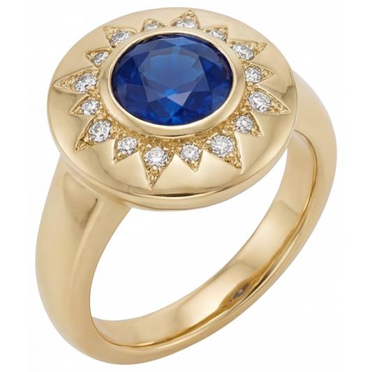Zaffiro Blu Reale Taglio Brillante Anello con Gemma in Oro Giallo 14K – vista frontale
