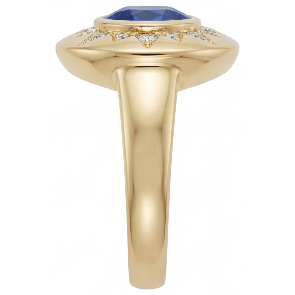 Taglio Brillante Zaffiro Blu Reale anello in Oro Giallo 14K – vista laterale