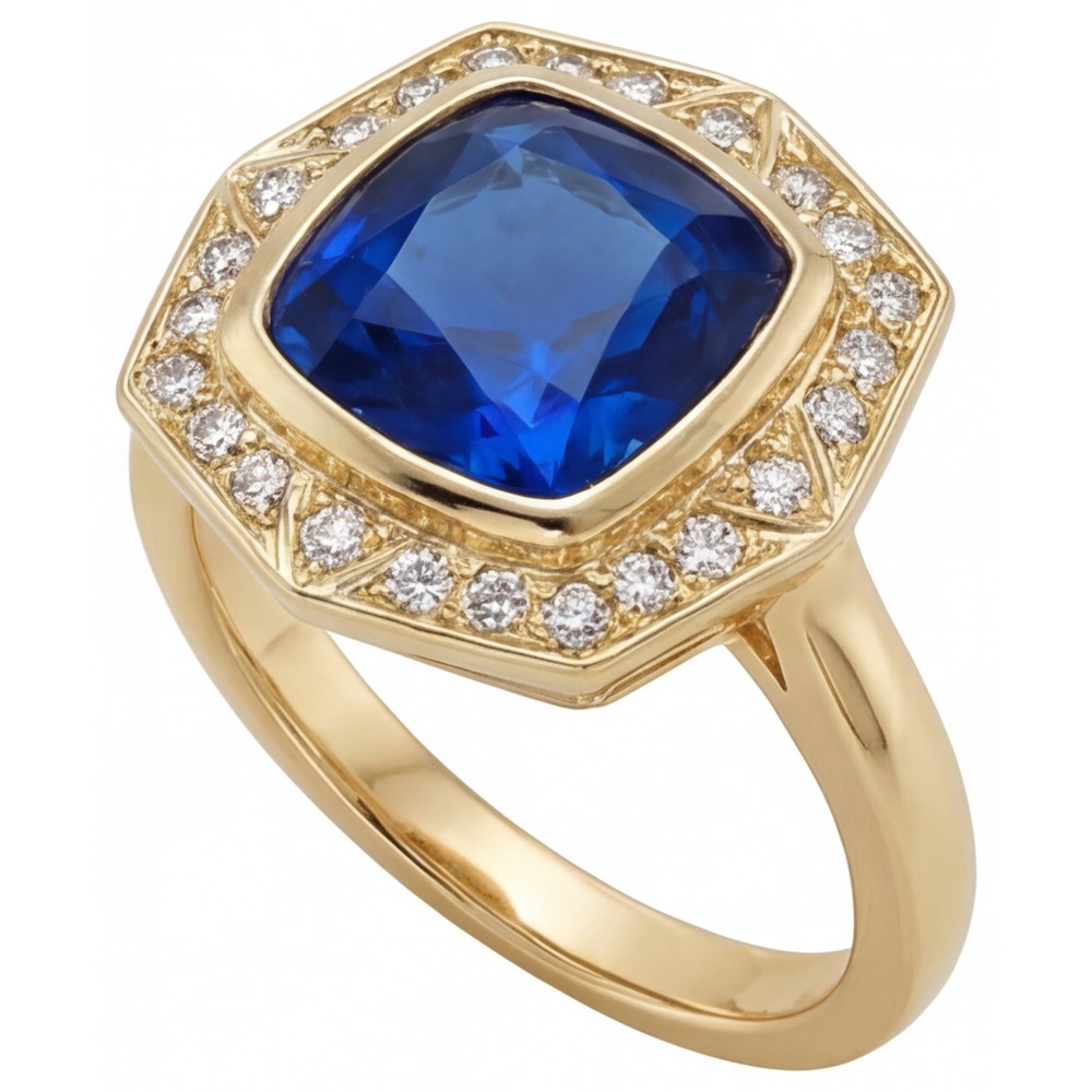 Cuscino Zaffiro Blu Reale anello in Oro Giallo 14K – vista laterale