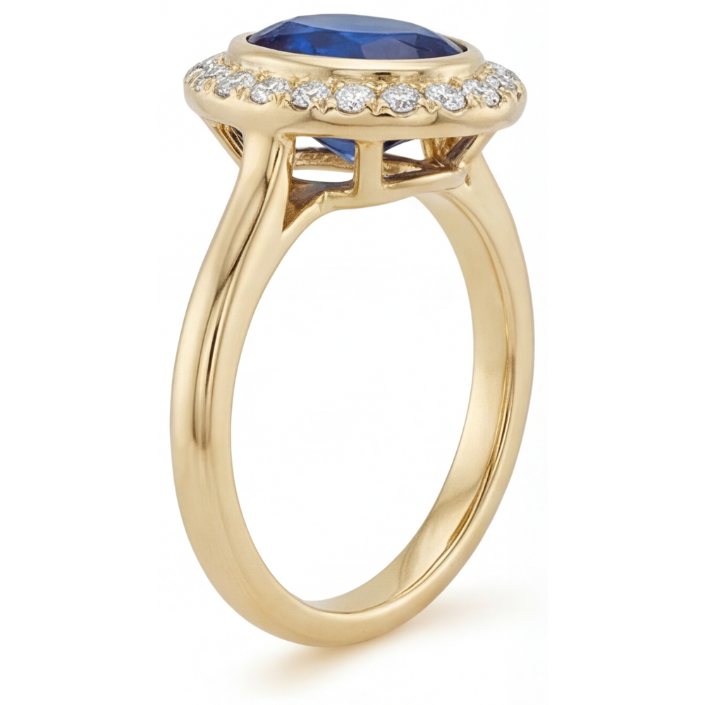Zaffiro Blu Reale Taglio Ovale Anello Pietra Colorata in Oro 14 Carati Giallo – vista angolare