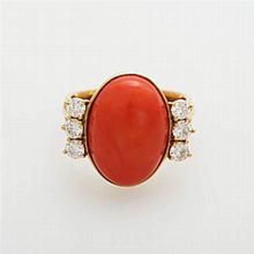 10.25 Carati Grande Corallo Rosso Con Diamanti Anello Nuovo Oro Giallo 14K - harrychadent.it