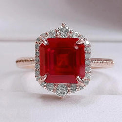 17 carati grande anello a forma di rubino rosso asscher e diamanti in oro 14k