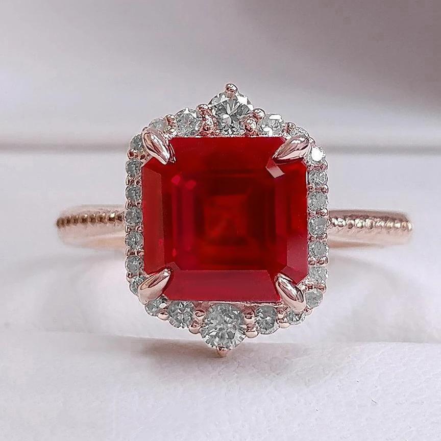 17 carati grande anello a forma di rubino rosso asscher e diamanti in oro 14k - harrychadent.it