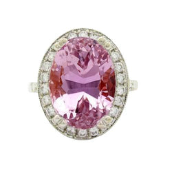 26 carati rosa Kunzite Halo diamanti anello griffe in oro bianco 14K