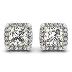 2.50 carati Princess Center Diamond Studs Orecchini Halo in oro bianco 14K