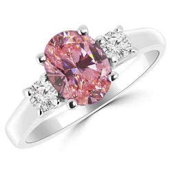 2.50 carati ovale rosa zaffiro diamante 3 pietre anello oro bianco 14K