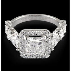 3 carati Princess Center Halo Anello con diamanti in oro bianco massiccio 14K
