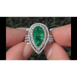 5 carati bella pera verde smeraldo anello di diamanti in oro bianco 14K