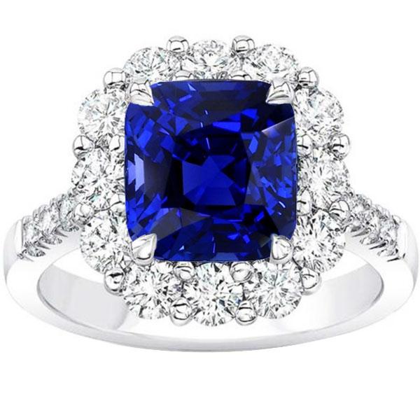 5.50 carati Halo Cushion Anello con zaffiro blu intenso e gioielli con diamanti - harrychadent.it