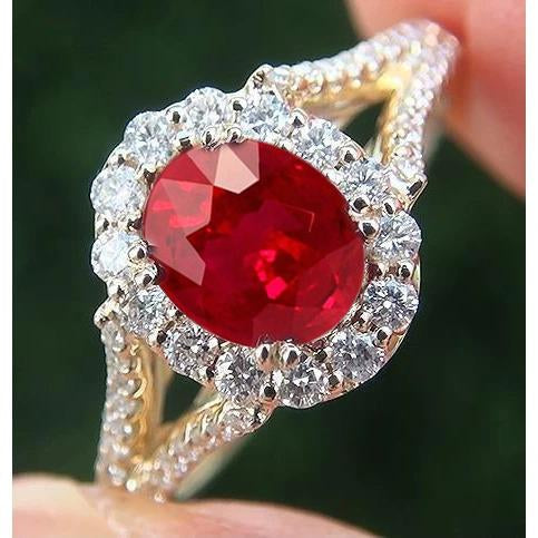 7.25 carati ovale rosso rubino con diamante anello nuziale in oro giallo 14K - harrychadent.it