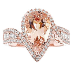 9 carati pera Morganite con diamanti rotondi Anello 14K Rose Gold