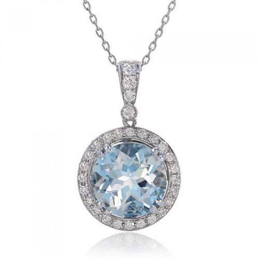 Acquamarina Taglio Rotondo 12 Carati Con Pendente Diamanti Oro Bianco 14K - harrychadent.it
