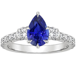 Anello 3 Pietre Con Accenti Zaffiro Blu Pera & Diamanti 3.50 Carati