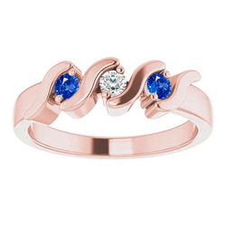 Anello 3 Pietre Diamante Zaffiro Blu 0.90 Carati Oro Rosa 14K